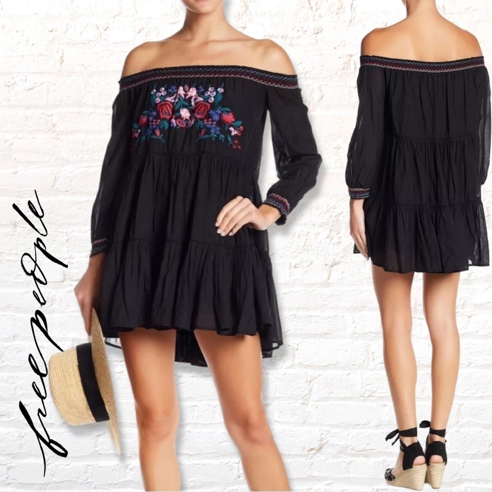 Free People Black Sunbeams Embroidered Mini Dress Size XS Boho off the shoulder